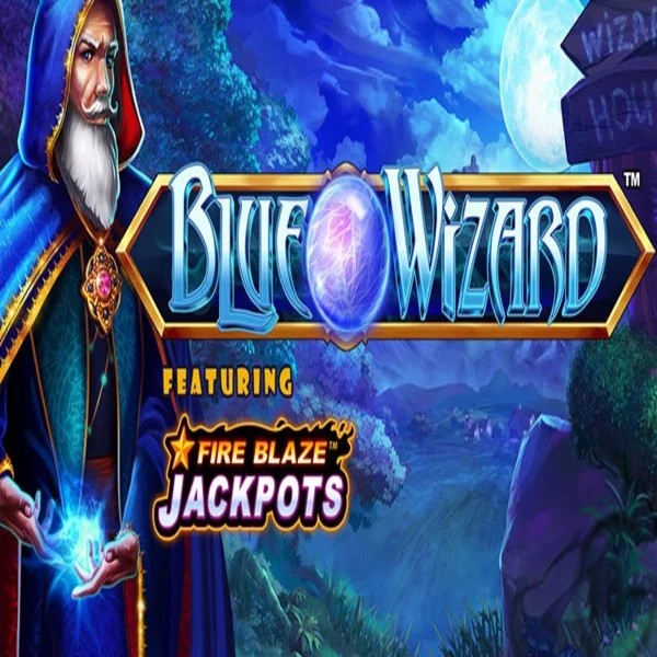 Blue Wizard Fire Blaze Jackpots slot logo by Rarestone Gaming at Fridayroll Casino